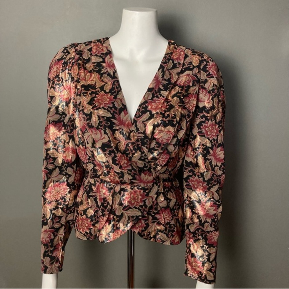 Express top blouse small floral metallic wrap puff shoulder 90s corpcore Friends